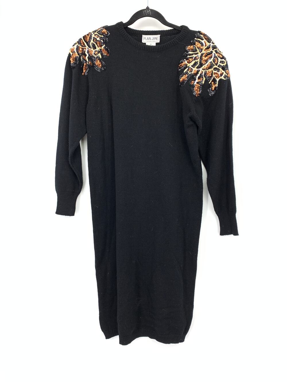 Plain Jane Sweater Dress Womens L Black Sequin Acrylic Knit Long Sleeve Vintage